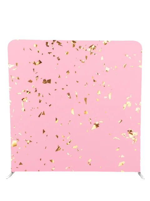 Pink backdrop with gold flakes by Crown Booths, perfect for glamorous and fun events