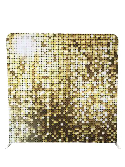 Shimmering gold sequin photo booth backdrop by Crown Booths, perfect for glamorous and luxurious events.