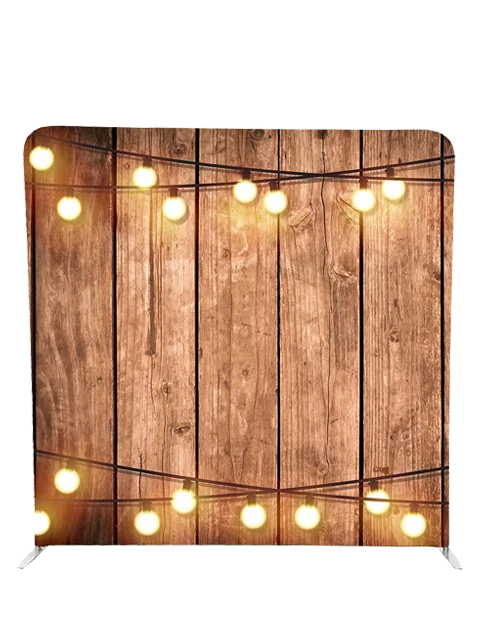 Rustic wooden photo booth backdrop with string lights by Crown Booths, perfect for outdoor and vintage-themed events