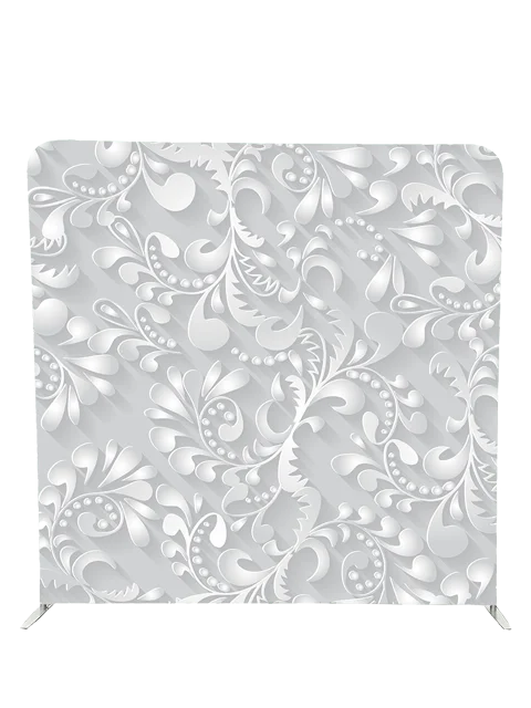 Elegant white floral scroll photo booth backdrop by Crown Booths, perfect for weddings and formal events