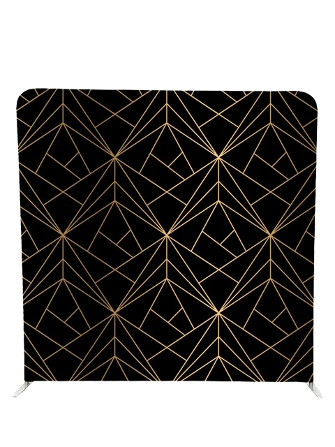 Elegant black and gold geometric pattern photo booth backdrop by Crown Booths, perfect for upscale and modern events