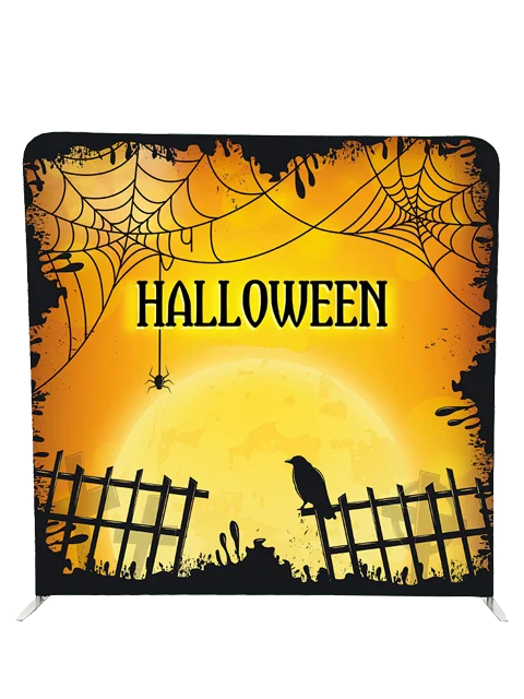 Halloween photo booth backdrop with spooky spider webs, raven, and full moon by Crown Booths, perfect for Halloween parties and themed events