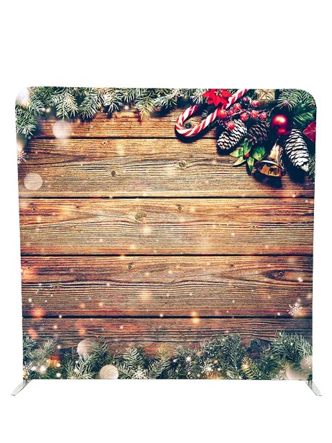 Christmas-themed rustic wooden photo booth backdrop with festive decorations by Crown Booths, perfect for holiday events