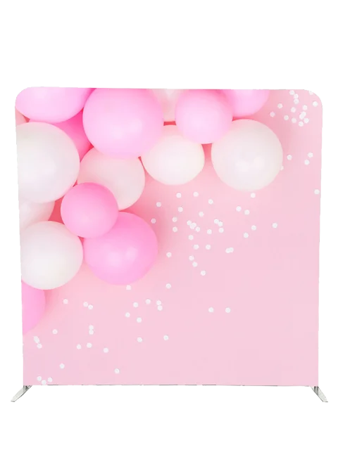 Pink and white balloon photo booth backdrop by Crown Booths, perfect for birthday parties and baby showers