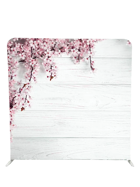 Elegant cherry blossom photo booth backdrop with white wood texture by Crown Booths, perfect for spring-themed and rustic events