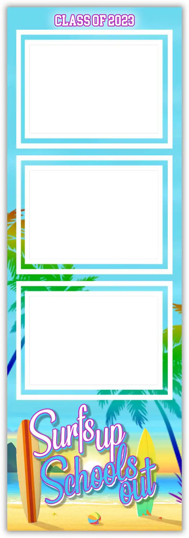 Crown Booths beach-themed photo booth strip design with tropical elements, featuring surfboards, palm trees, and a vibrant sunset