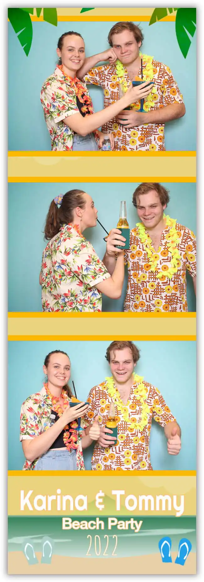 Crown Booths tropical photo booth strip design with a beach theme, featuring tropical shirts, leis, and vibrant summer elements.