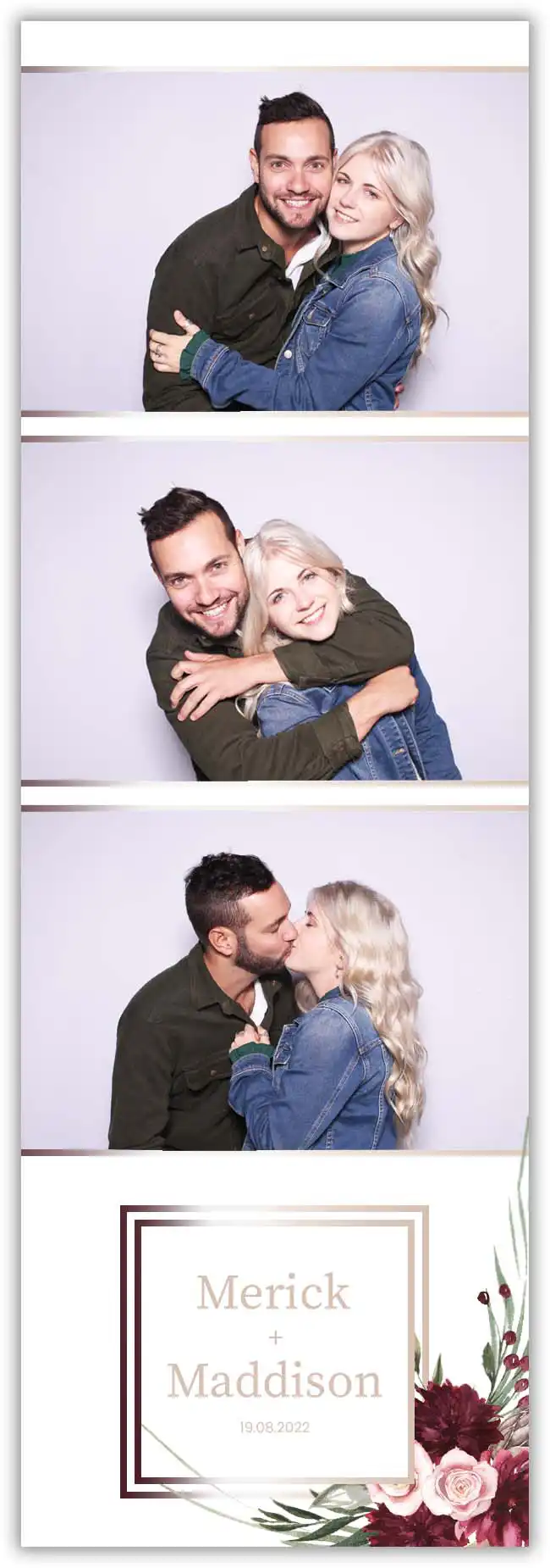 Crown Booths Geometric wedding photo booth strip with modern floral design.