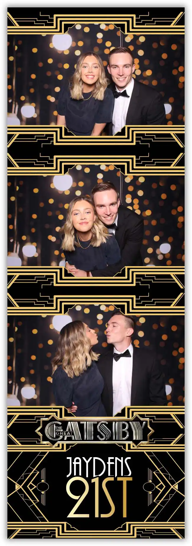 Crown Booths photo booth strip design inspired by The Great Gatsby, with art deco patterns and gold accents