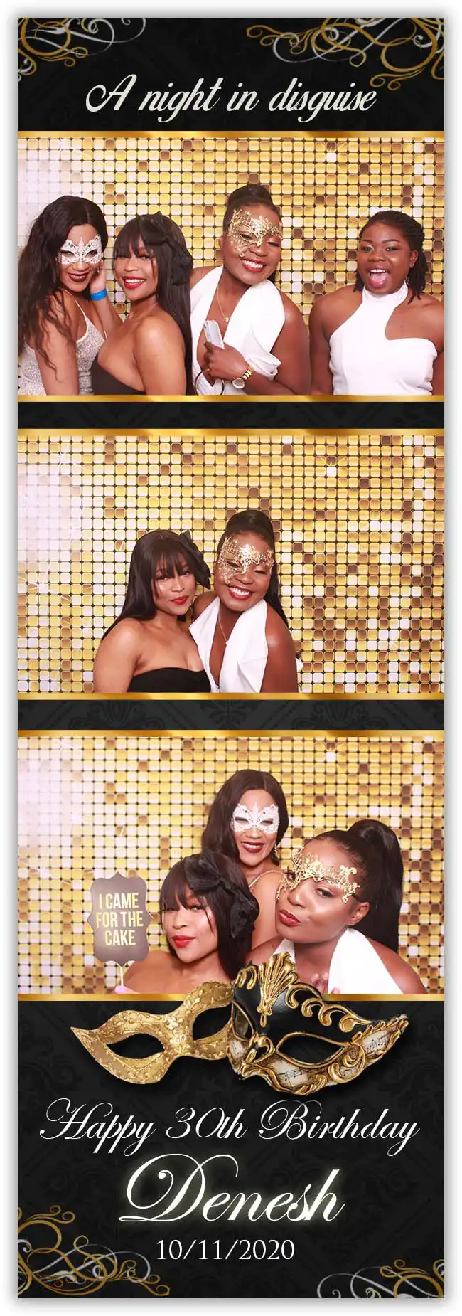 Crown Booths masquerade-themed photo booth strip design featuring gold masks and a sparkling backdrop.